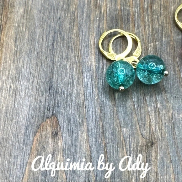 Bright blue/red Tourmaline gold spheres drop dangle earrings - Picture 2 of 4